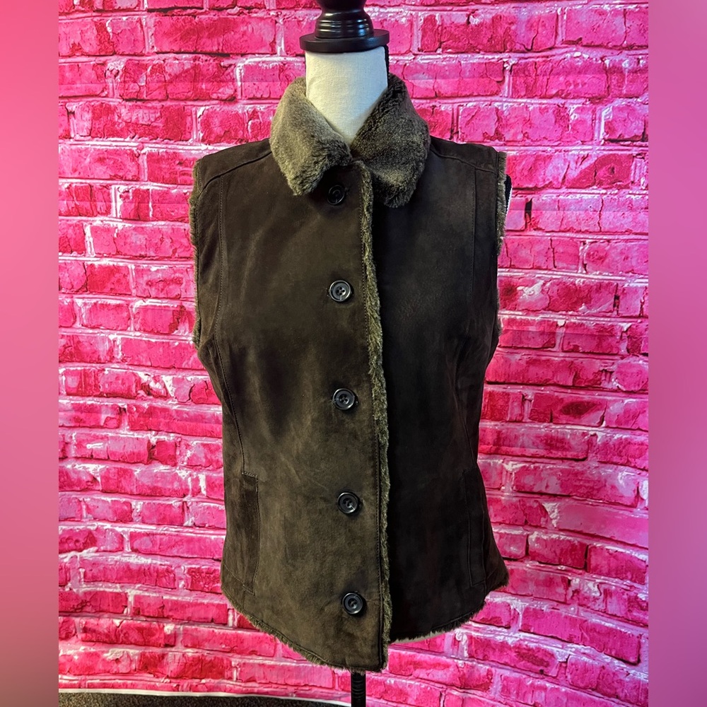 Eddie Bauer Suede‎ Leather Vest Jacket Womens Medium Brown Faux Fur Lined